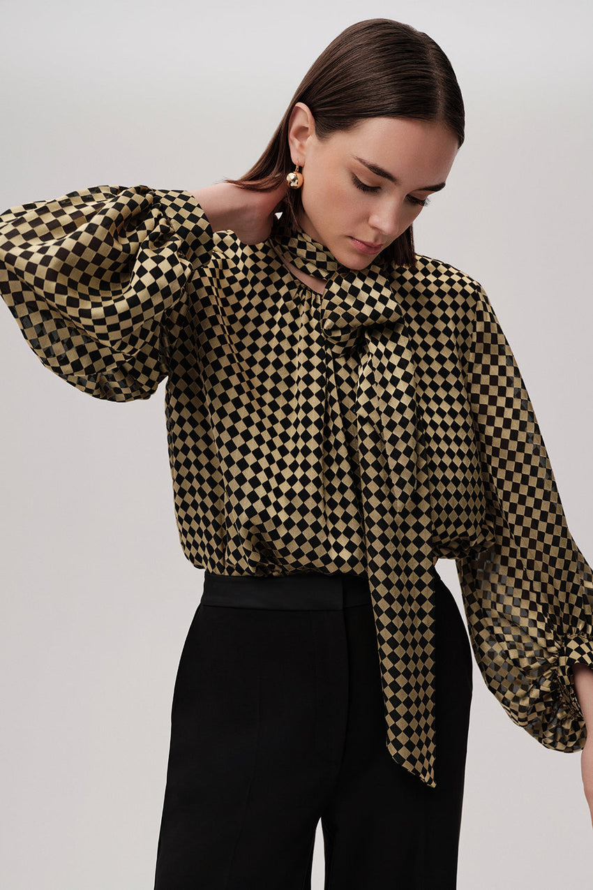 Patterned Balloon Sleeve Tie Detail Gold Black Blouse Gold Black