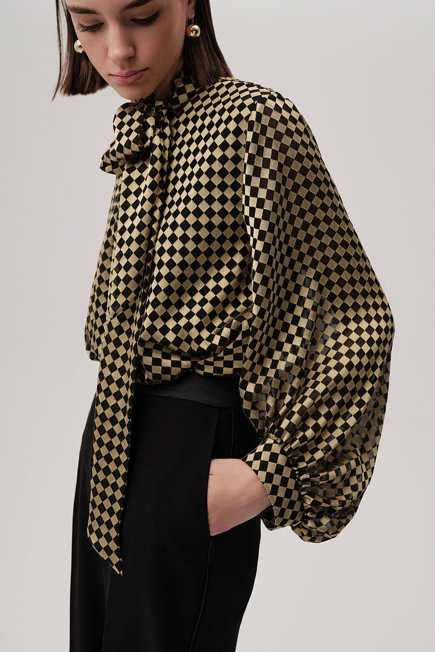 Patterned Balloon Sleeve Tie Detail Gold Black Blouse Gold Black
