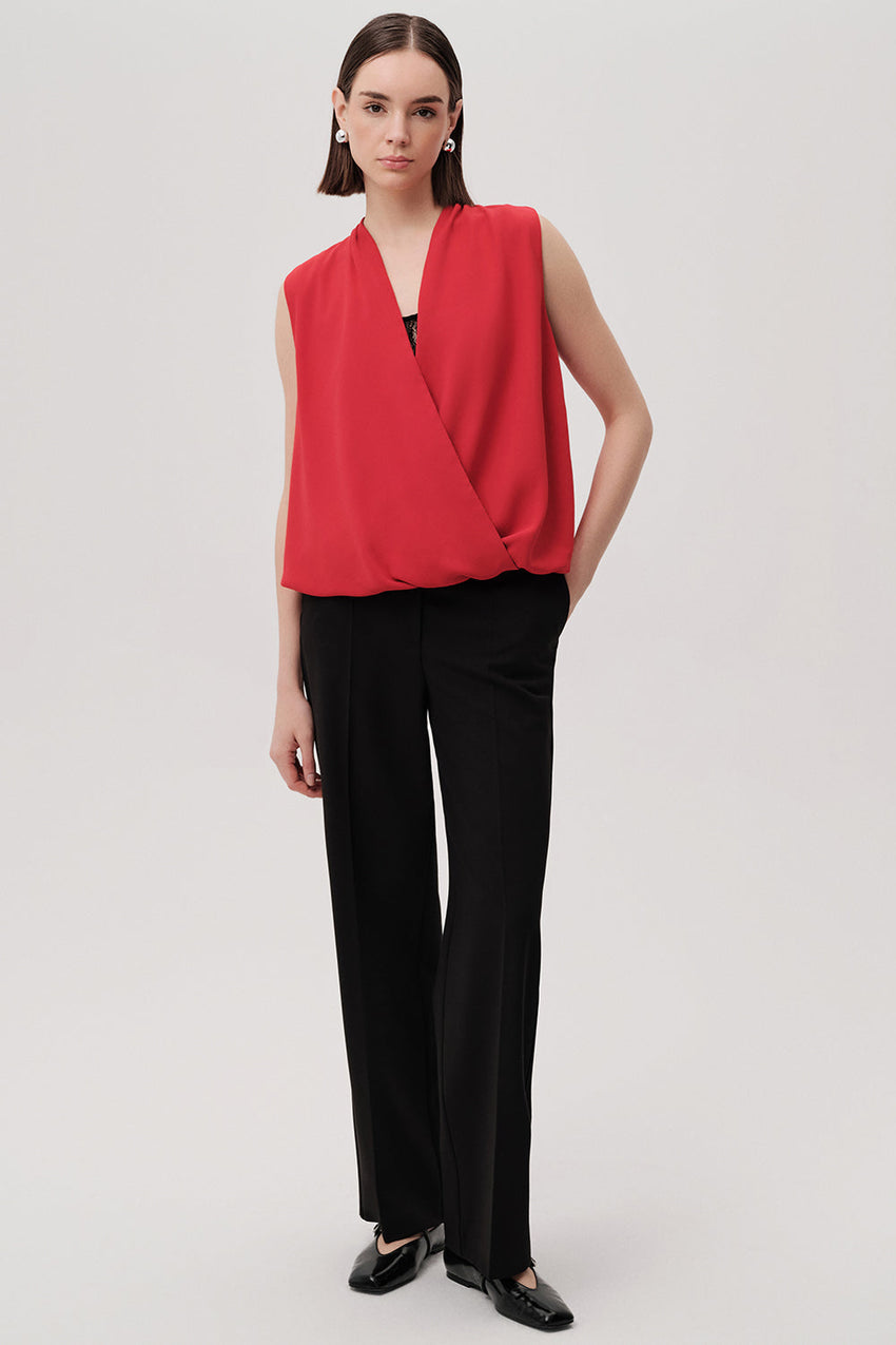Jadien Red Draped V-Neck Sleeveless Blouse