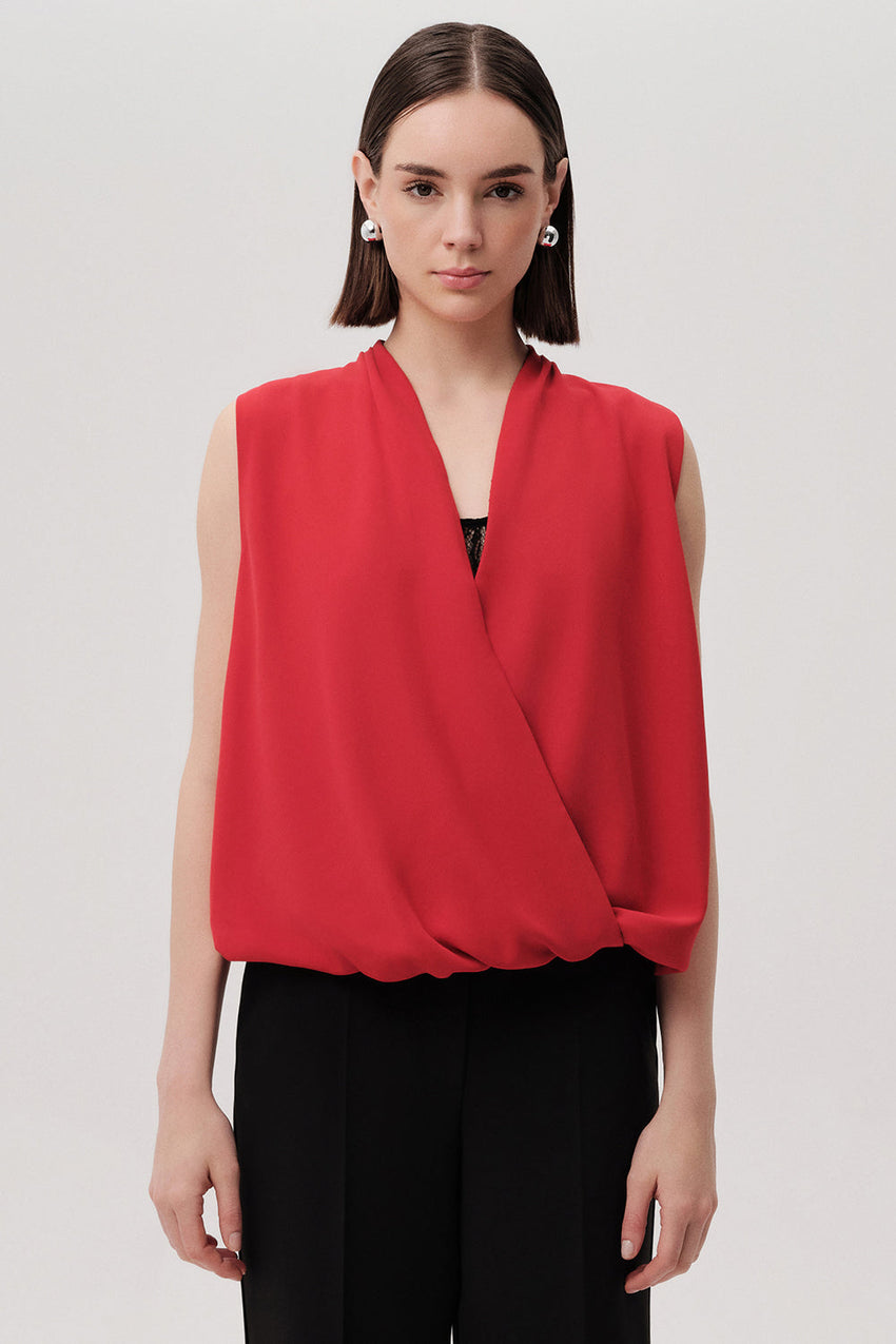 Jadien Red Draped V-Neck Sleeveless Blouse