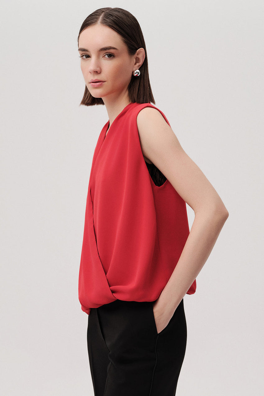 Jadien Red Draped V-Neck Sleeveless Blouse