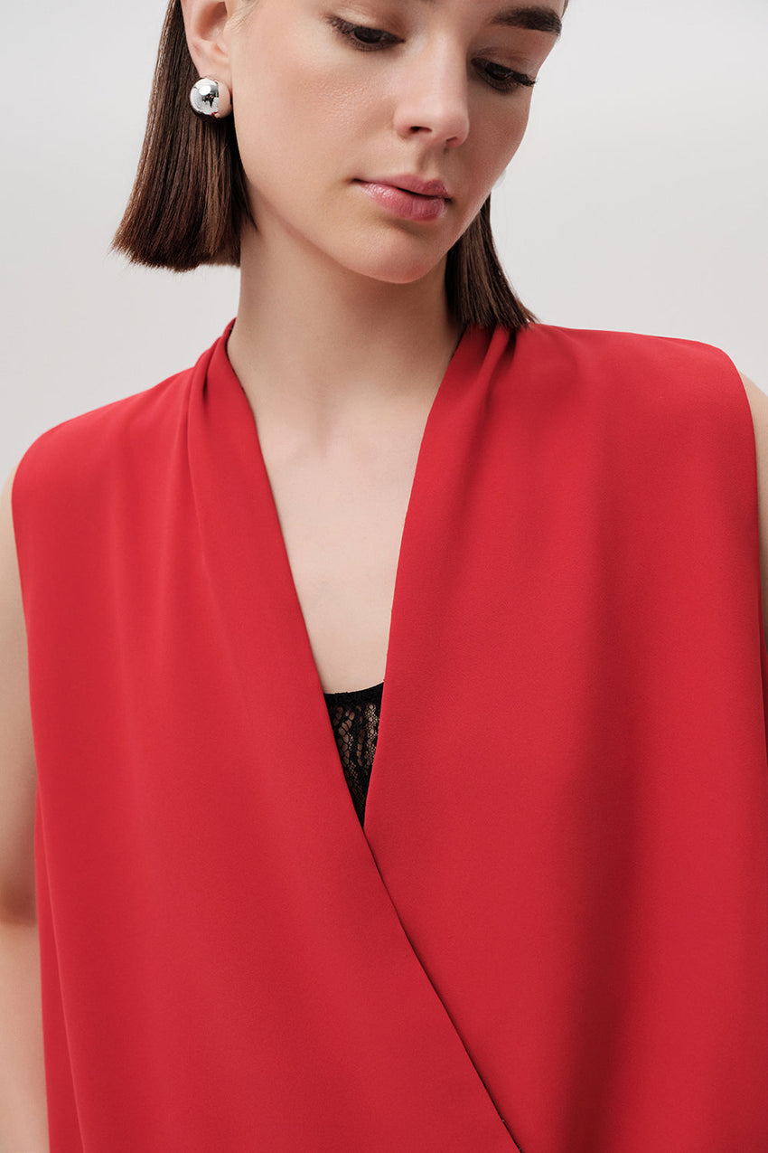 Jadien Red Draped V-Neck Sleeveless Blouse