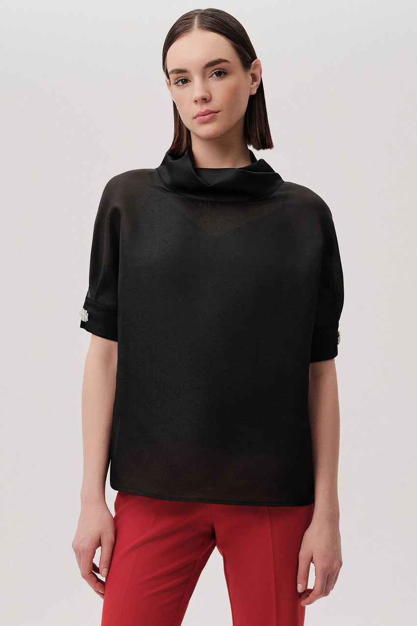 Jayden Black Satin-Look Blouse with High Neck and Short Sleeves