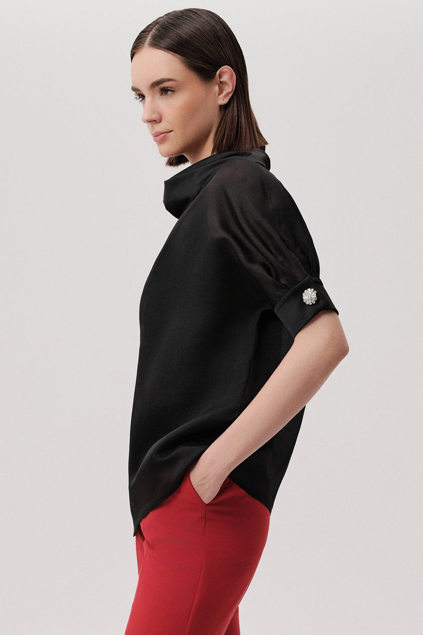 Jayden Black Satin-Look Blouse with High Neck and Short Sleeves