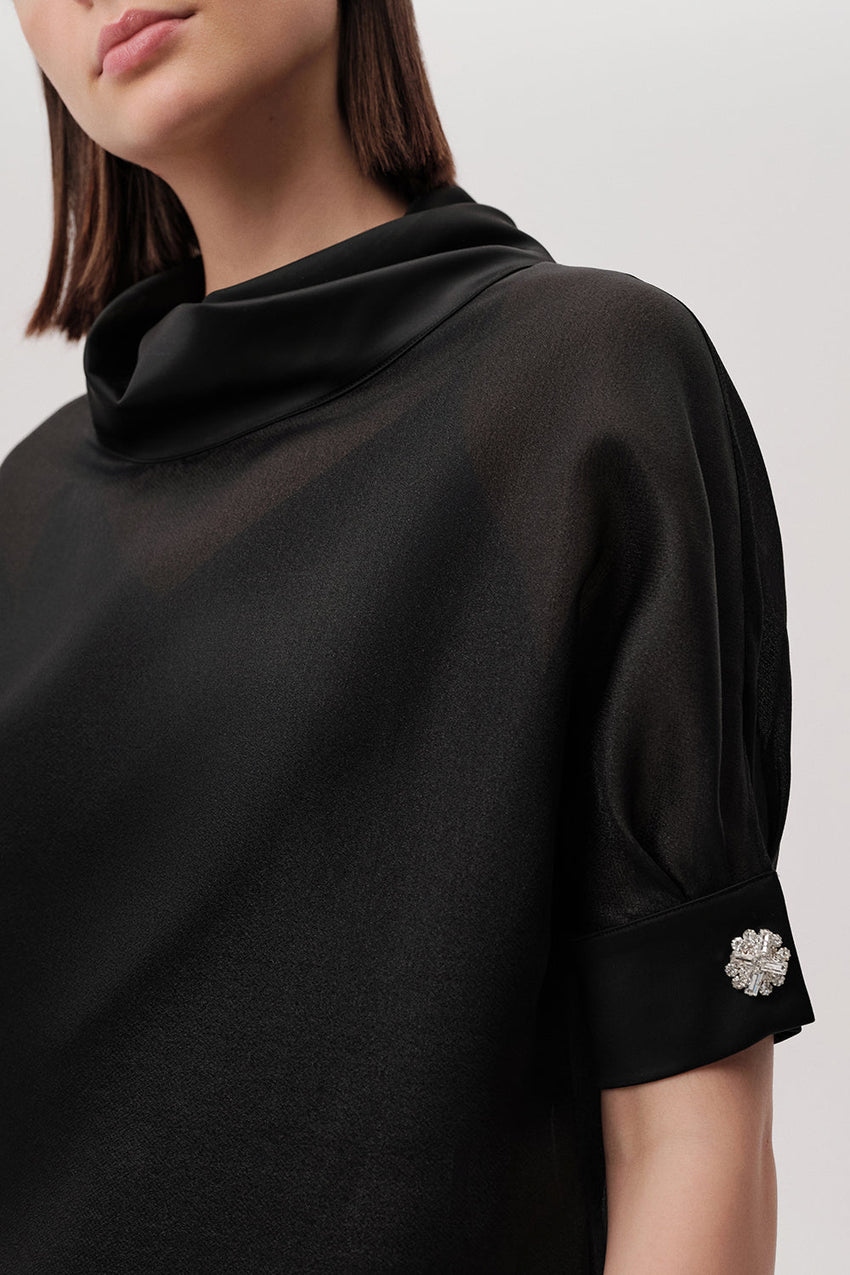 Jayden Black Satin-Look Blouse with High Neck and Short Sleeves