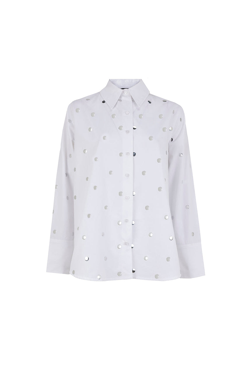 Murphy Ecru Studded Cotton Shirt with Classic Collar and Long Sleeves