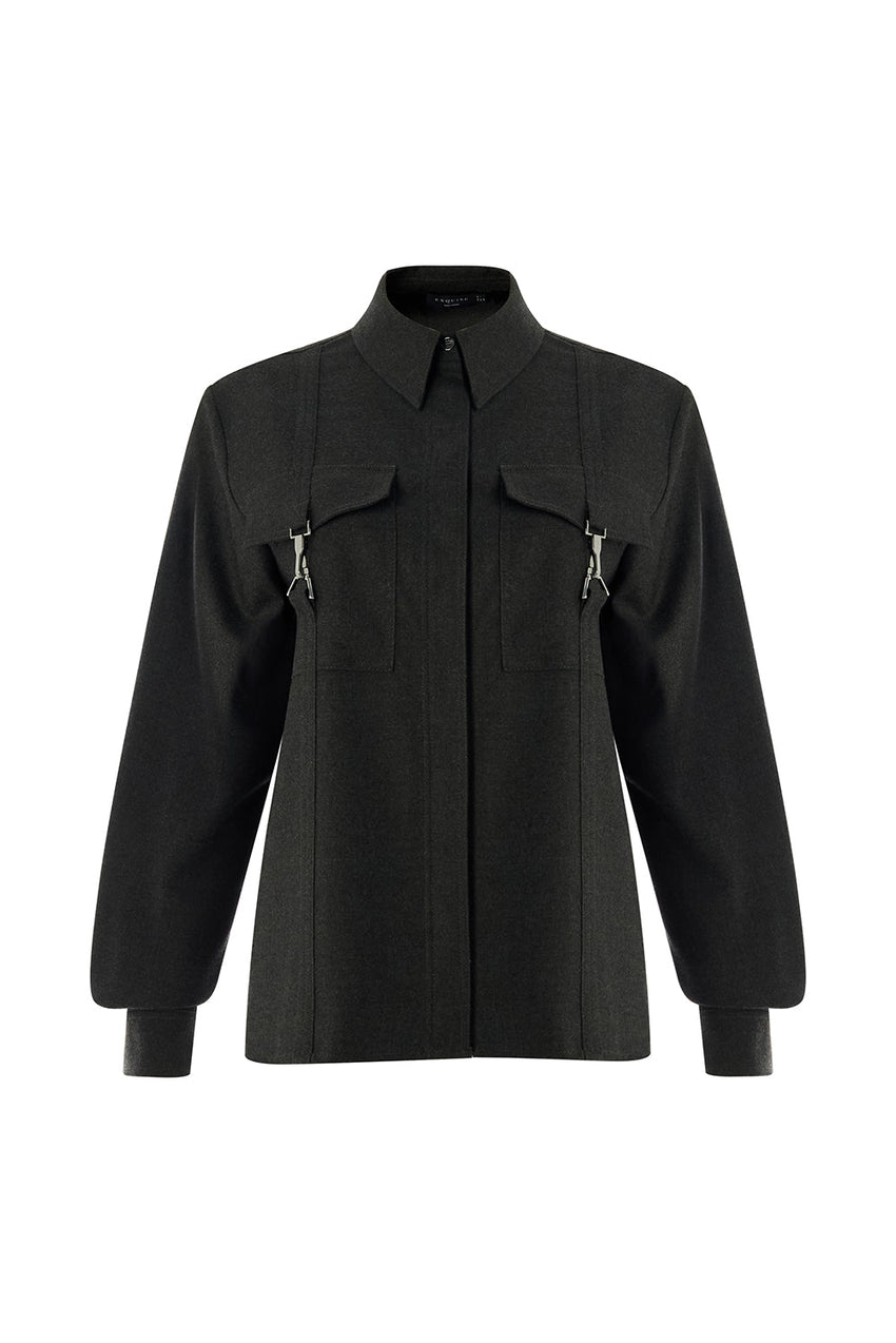 Zendaya Grey Tailored Pocket Shirt with Classic Collar and Long Sleeves