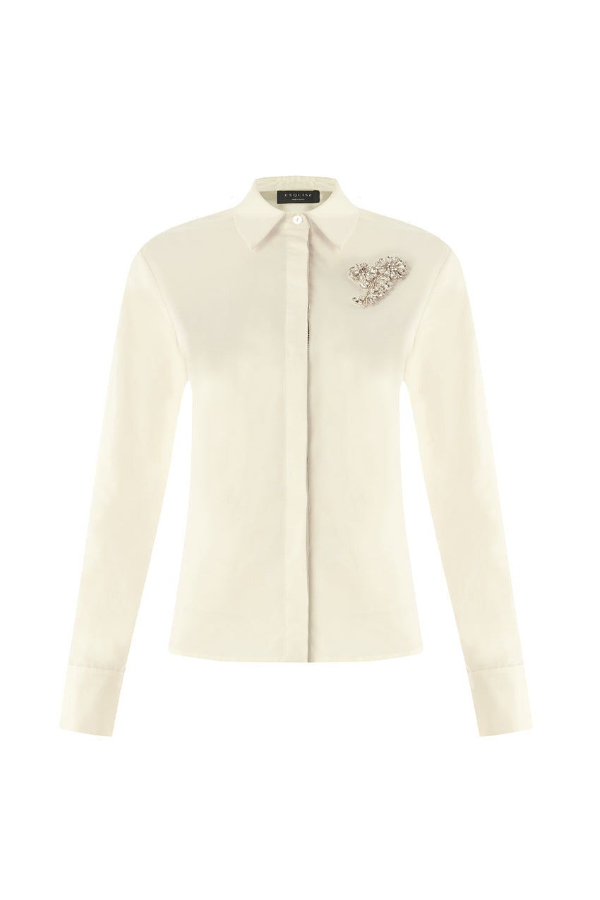 Zoya Ecru Embellished Shirt with Shirt Collar