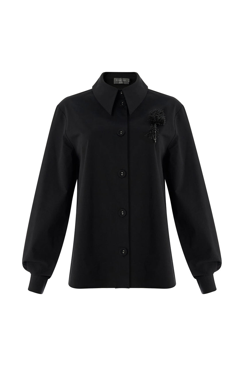 Malayah Black Long-Sleeve Shirt with Shirt Collar
