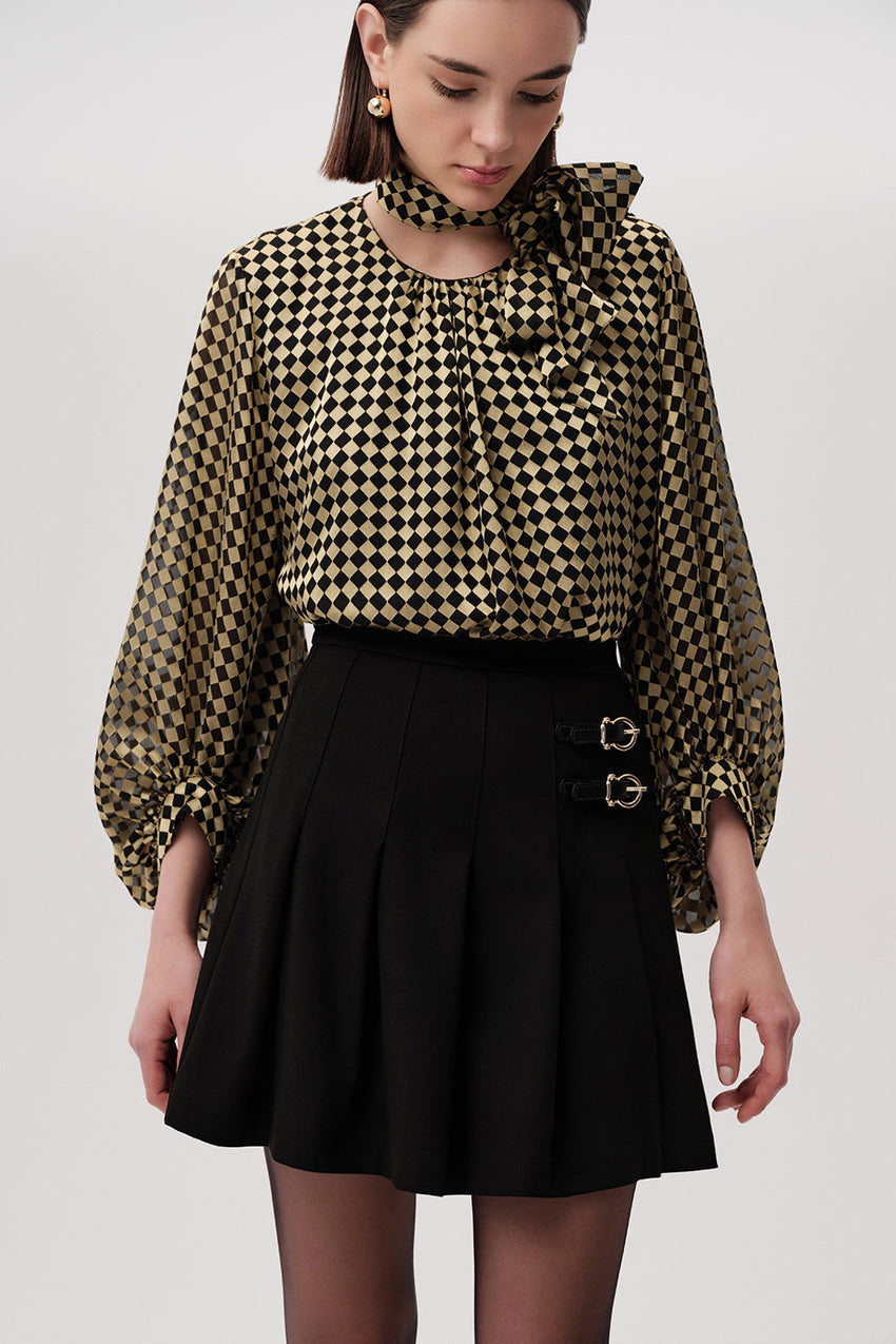 Ellen Black Pleated Mini Skirt with Buckle Detail