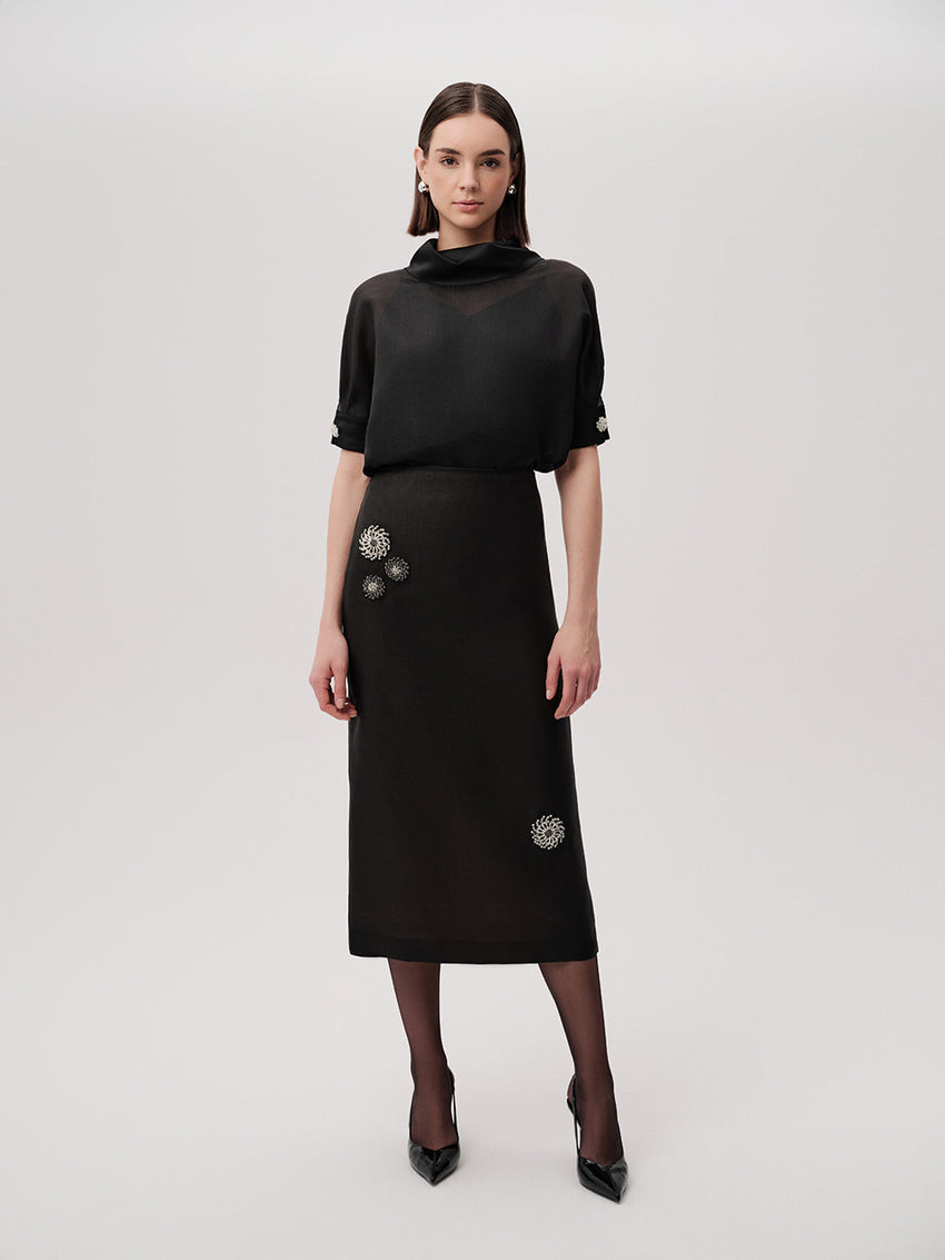 Susan Black Straight Skirt with Embellished Buttons