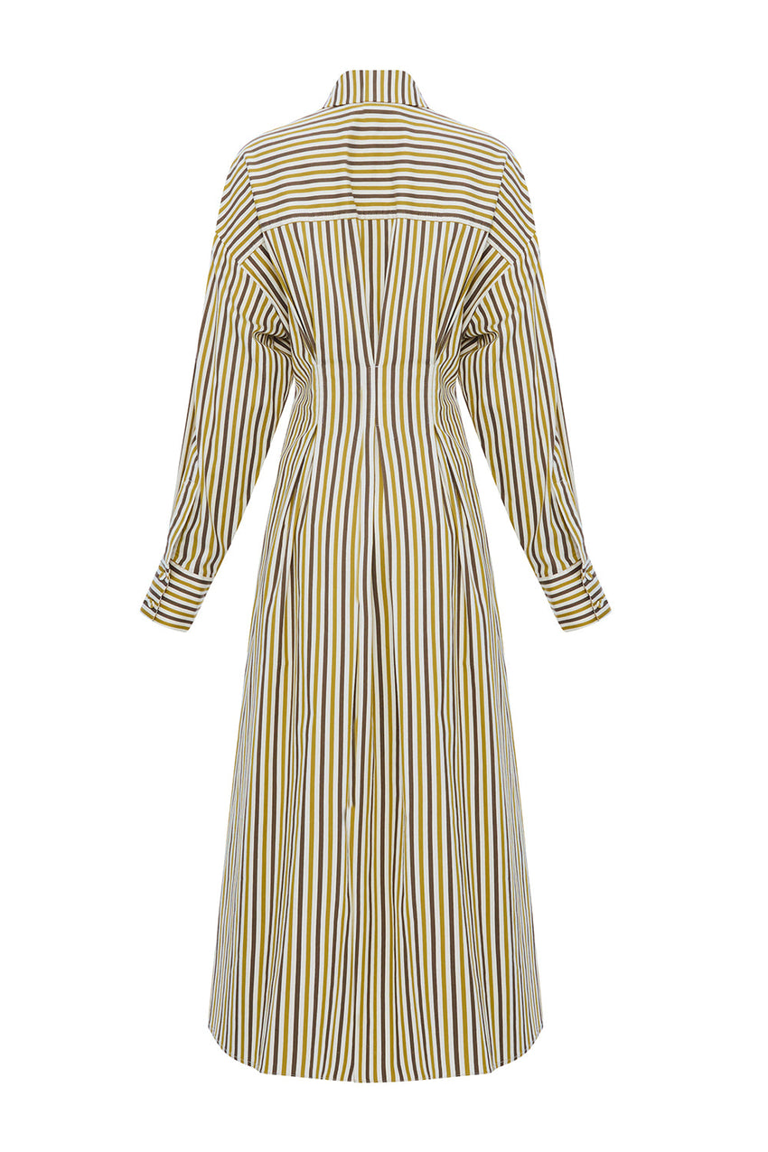 Flora Striped Long Sleeve Pleated Waist Shirt Dress