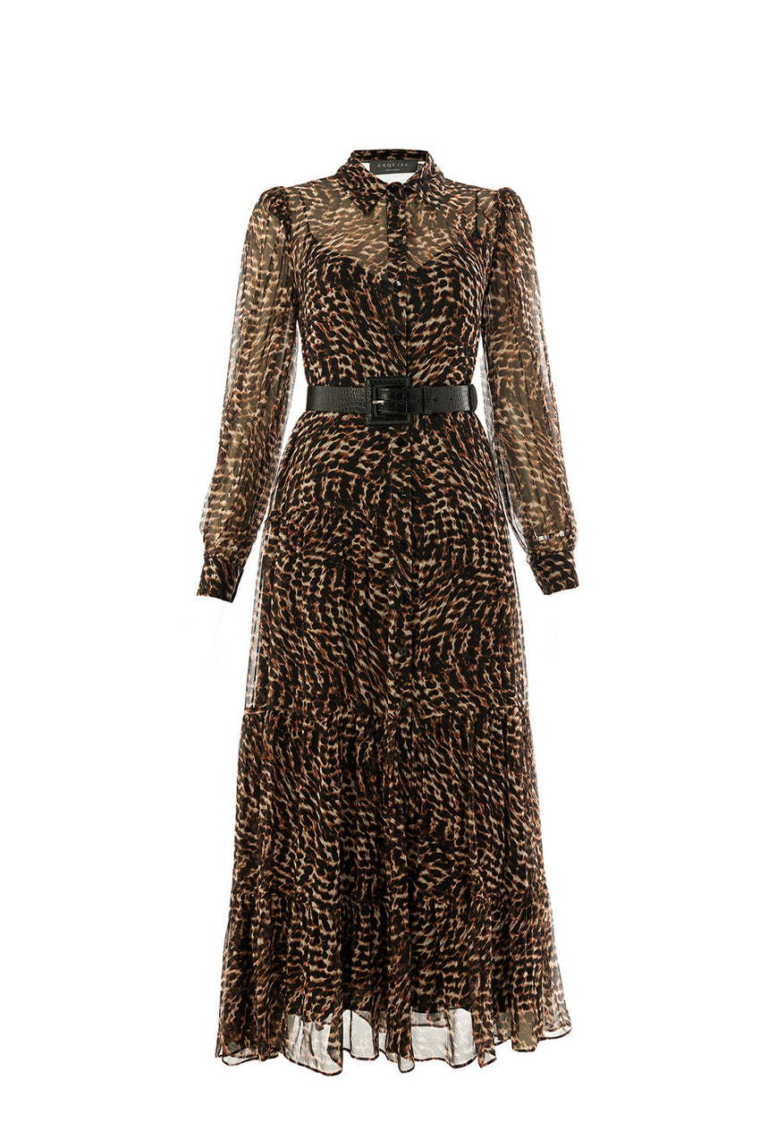 Aliza Printed Chiffon Belted Shirt Dress