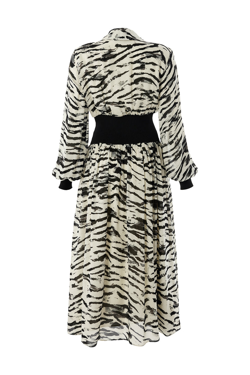 Zebra Patterned Waist Ribbed Regular Lined Midi Black Bone Dress Black Bone
