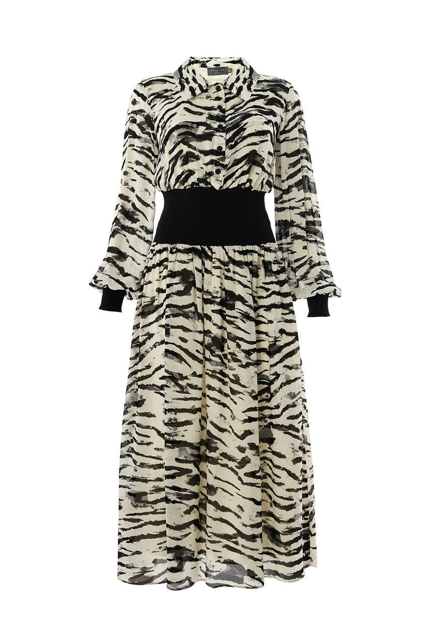 Zebra Patterned Waist Ribbed Regular Lined Midi Black Bone Dress Black Bone