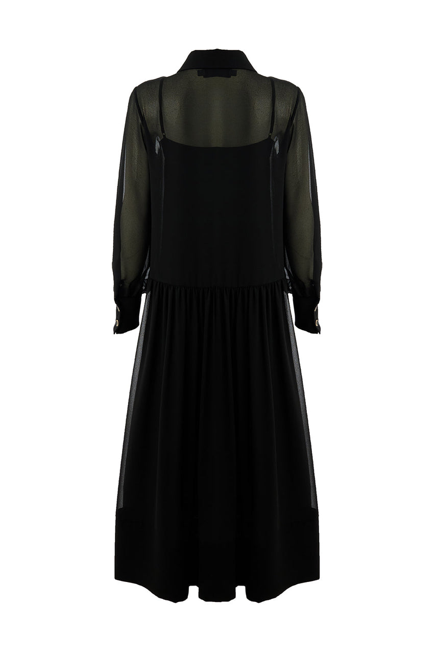 Birdie Black Long Sleeve Shirt Collar Dress