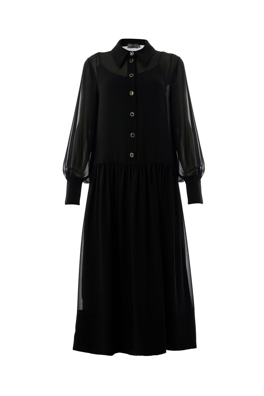 Birdie Black Long Sleeve Shirt Collar Dress