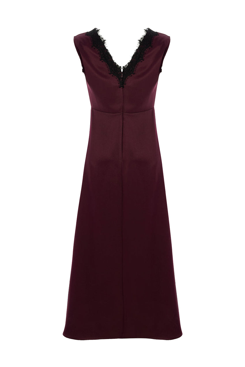 Lace Collar Detailed Regular Satin Midi Cherry Dress Cherry