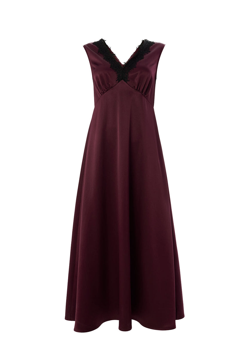 Lace Collar Detailed Regular Satin Midi Cherry Dress Cherry
