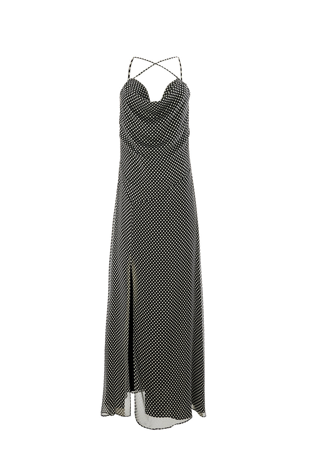 Polka Dot Cowl Neck Slit Detail Regular Midi Grey Black Dress Grey Black