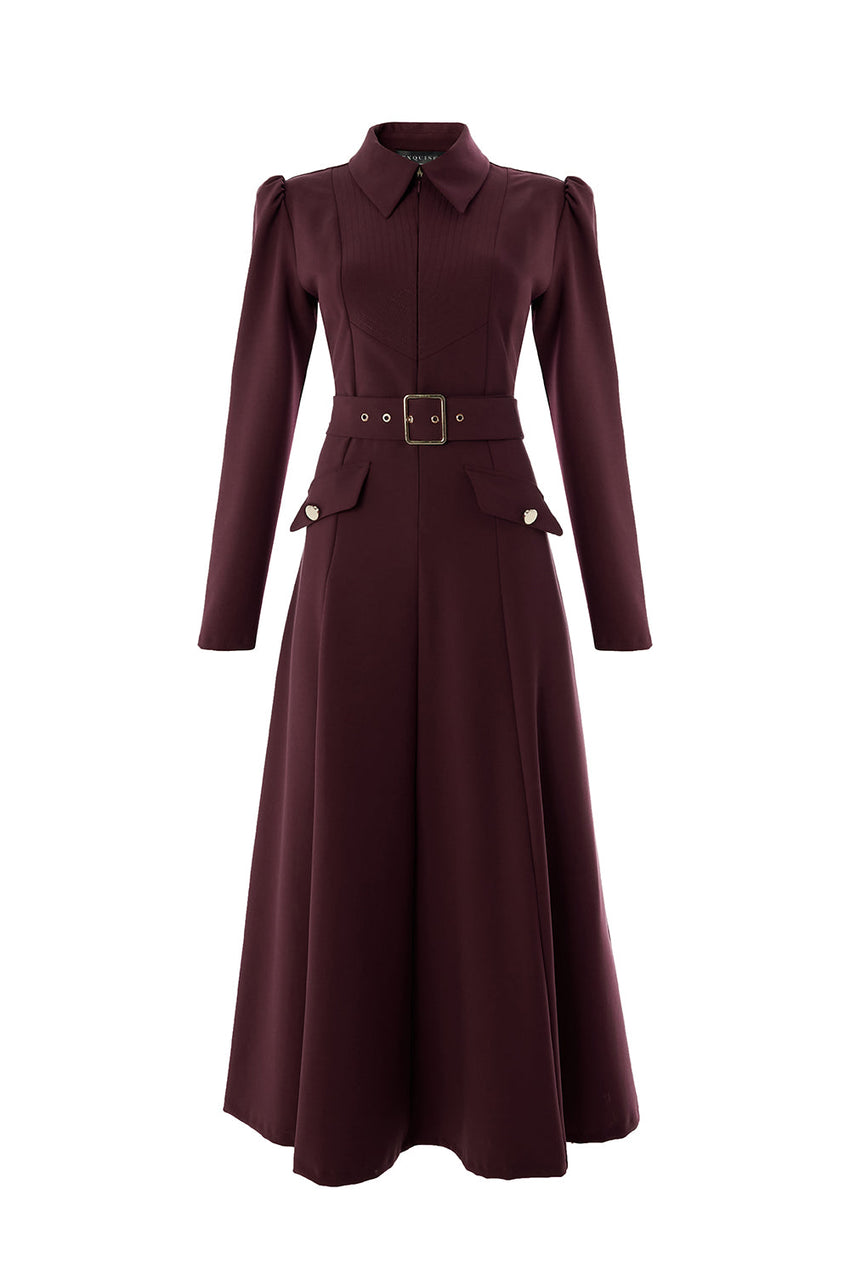 Burgundy Slim Fit Midi Dress with Front Zipper, Long Sleeves, and Belt