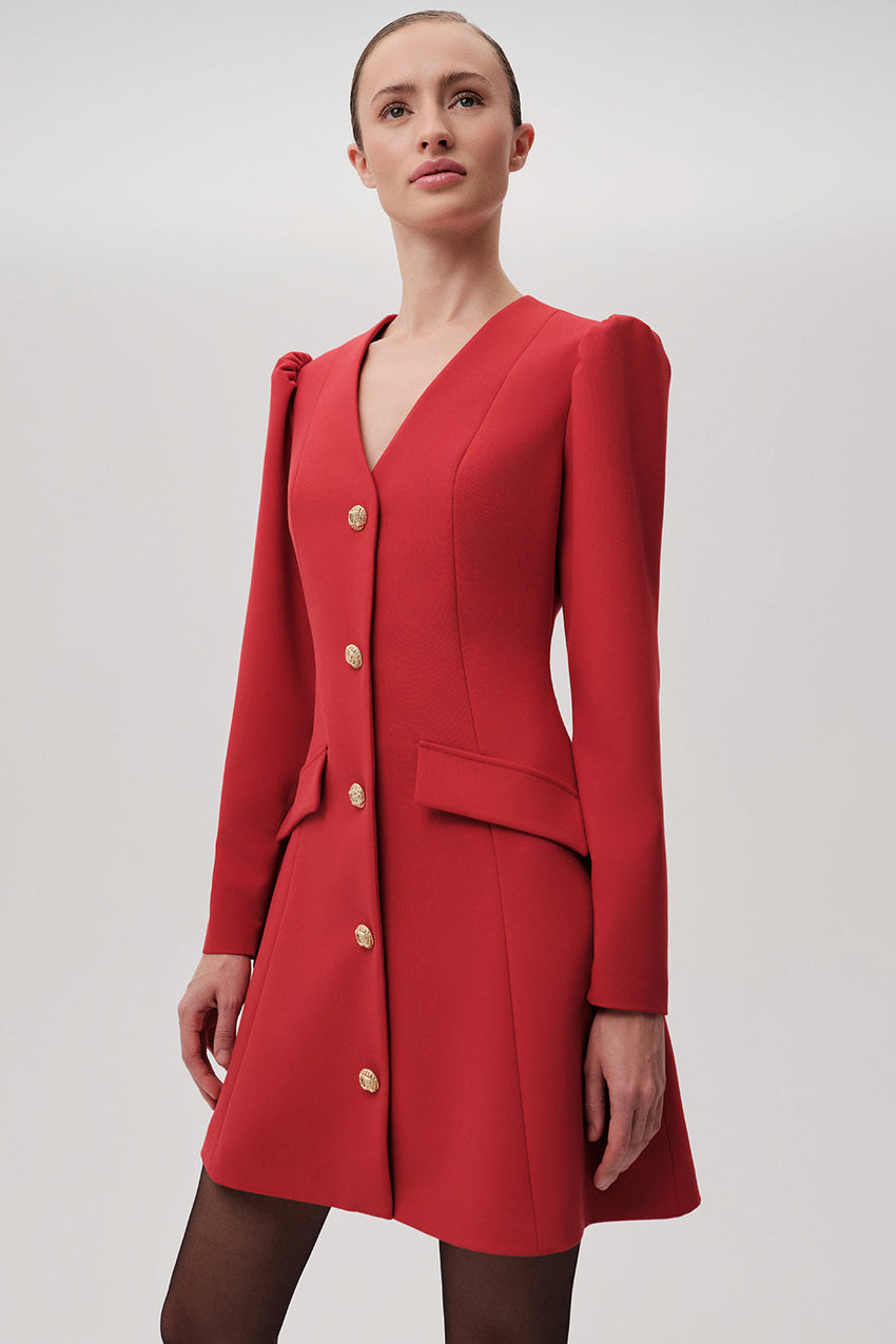 Trend Red V-Neck Long Sleeve Mini Dress with Pockets