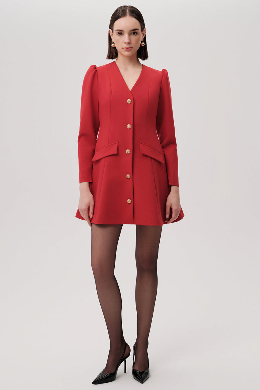 Trend Red V-Neck Long Sleeve Mini Dress with Pockets