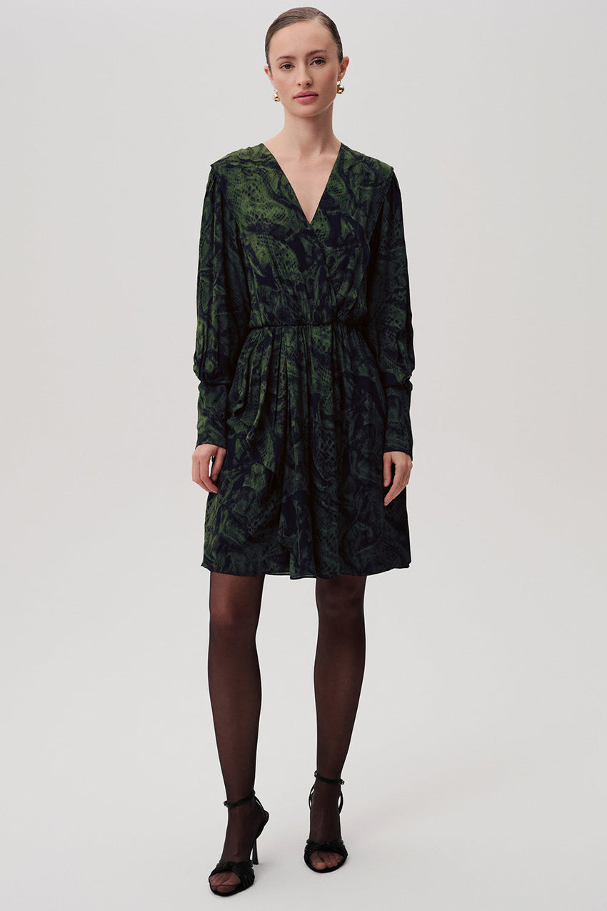 Patterned Wrap Long Sleeve Regular Mini Green Dress Green Black
