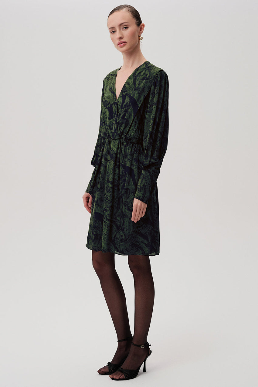 Patterned Wrap Long Sleeve Regular Mini Green Dress Green Black