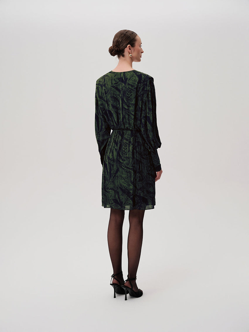 Patterned Wrap Long Sleeve Regular Mini Green Dress Green Black