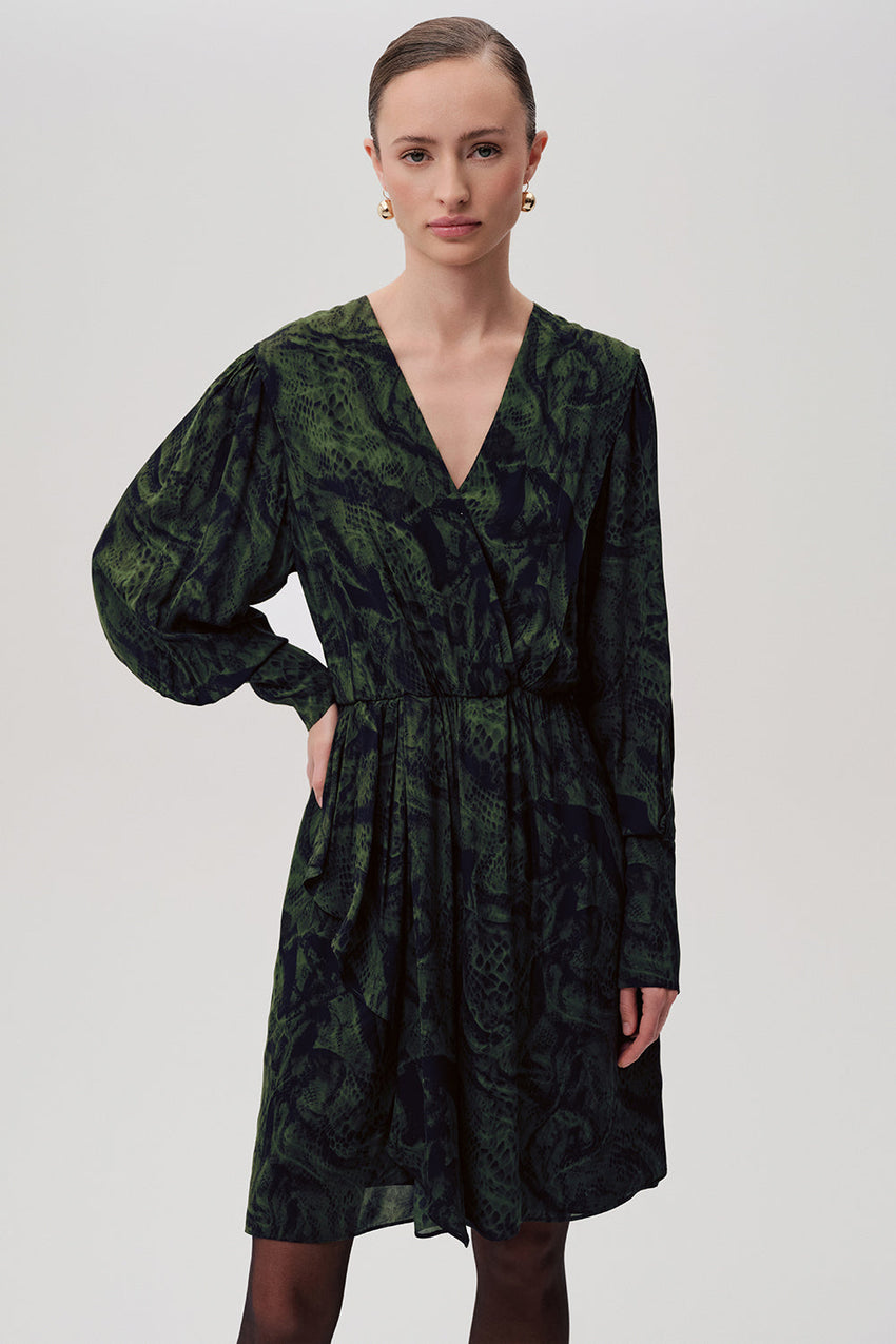 Patterned Wrap Long Sleeve Regular Mini Green Dress Green Black
