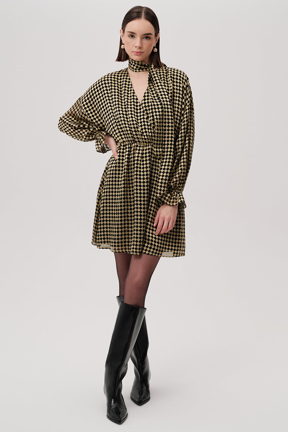 Waist Belted Long Sleeve Regular Mini Gold Black Dress Gold Black