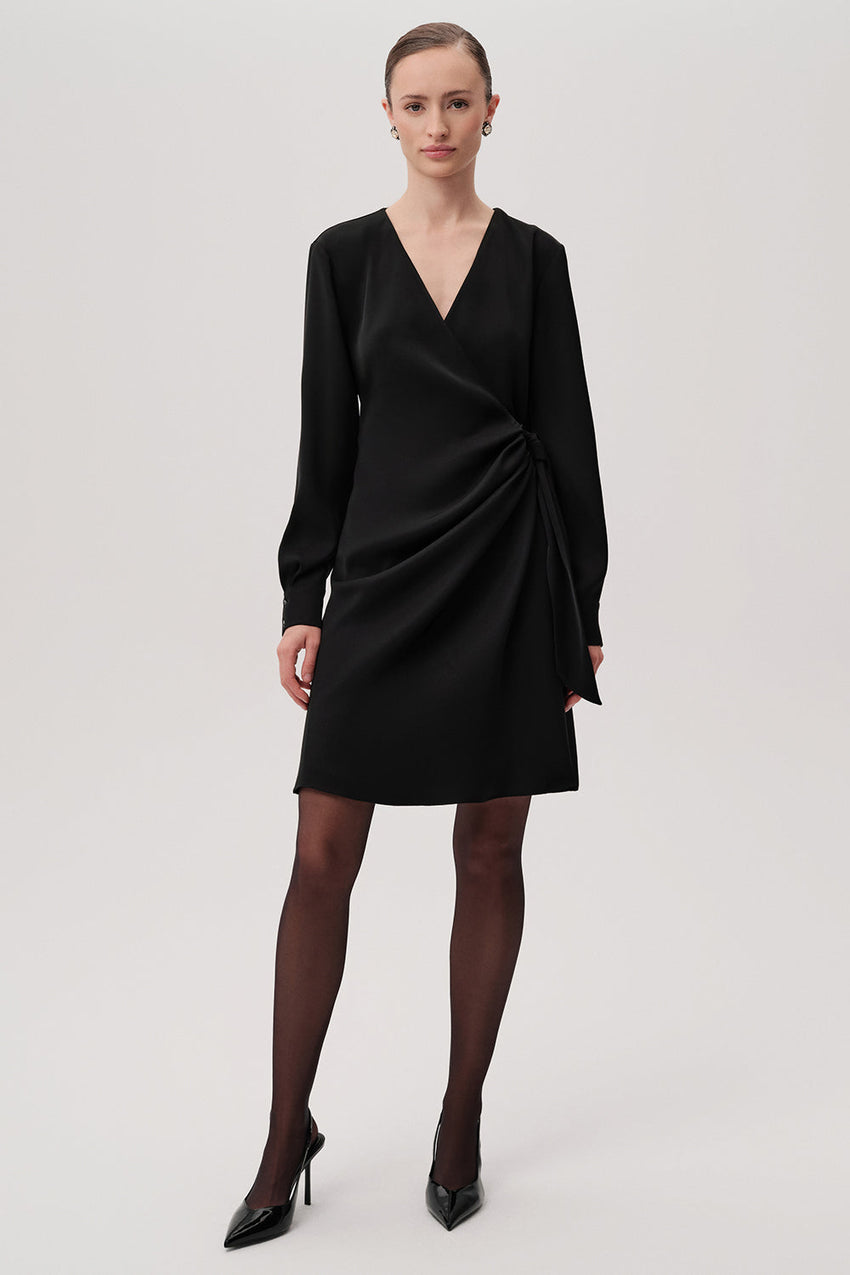 Emerson Black Long Sleeve Draped Wrap Mini Dress