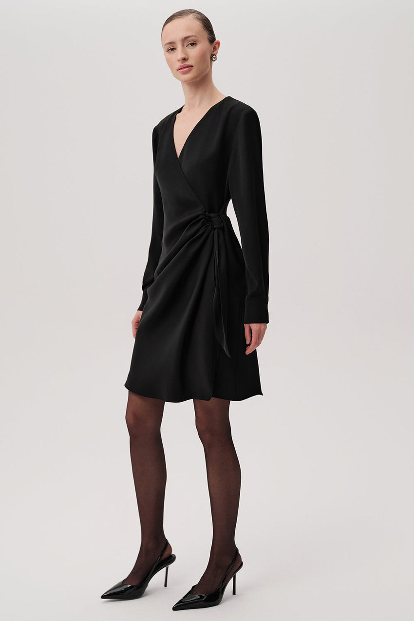 Emerson Black Long Sleeve Draped Wrap Mini Dress