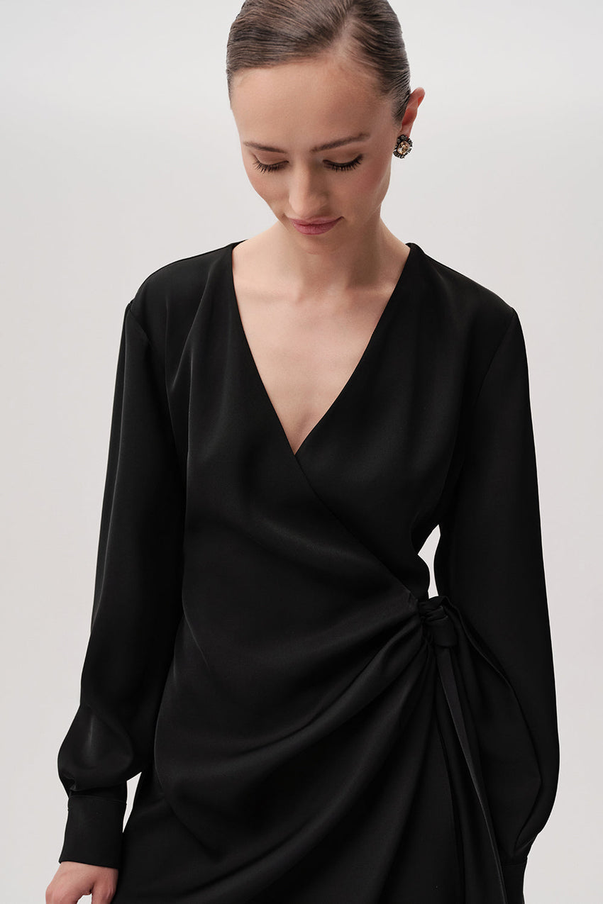 Emerson Black Long Sleeve Draped Wrap Mini Dress