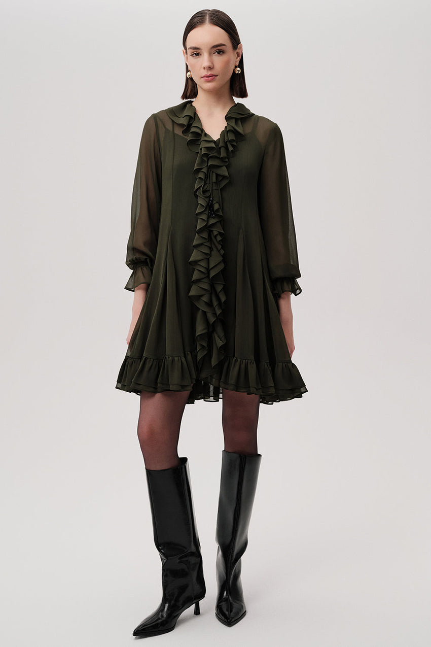 Ruffled V Neck Long Sleeve Regular Lined Mini Chiffon Green Dress Green