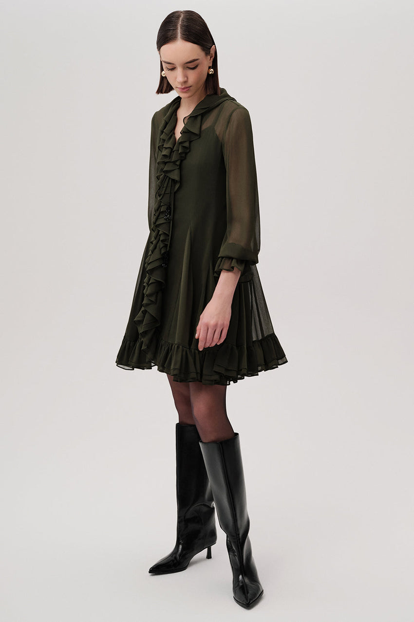 Ruffled V Neck Long Sleeve Regular Lined Mini Chiffon Green Dress Green