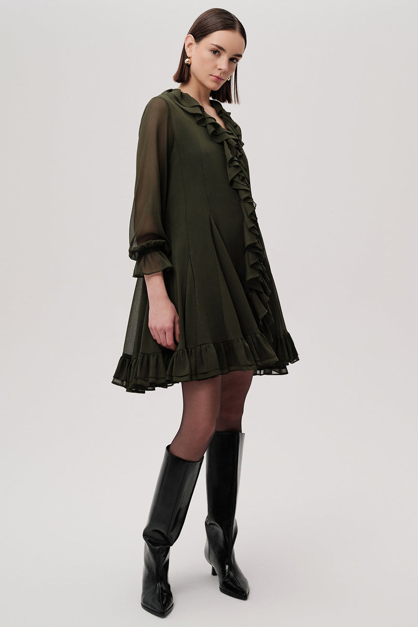 Ruffled V Neck Long Sleeve Regular Lined Mini Chiffon Green Dress Green