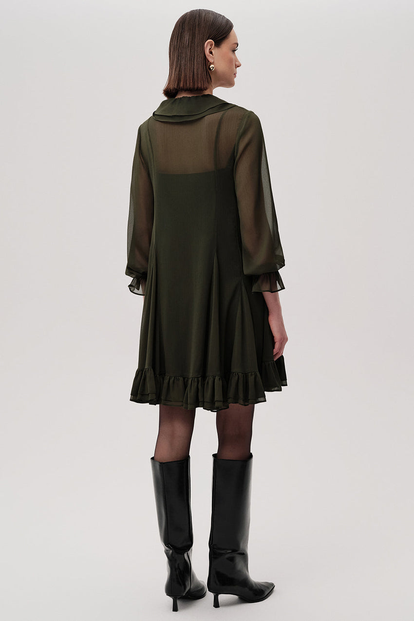 Ruffled V Neck Long Sleeve Regular Lined Mini Chiffon Green Dress Green