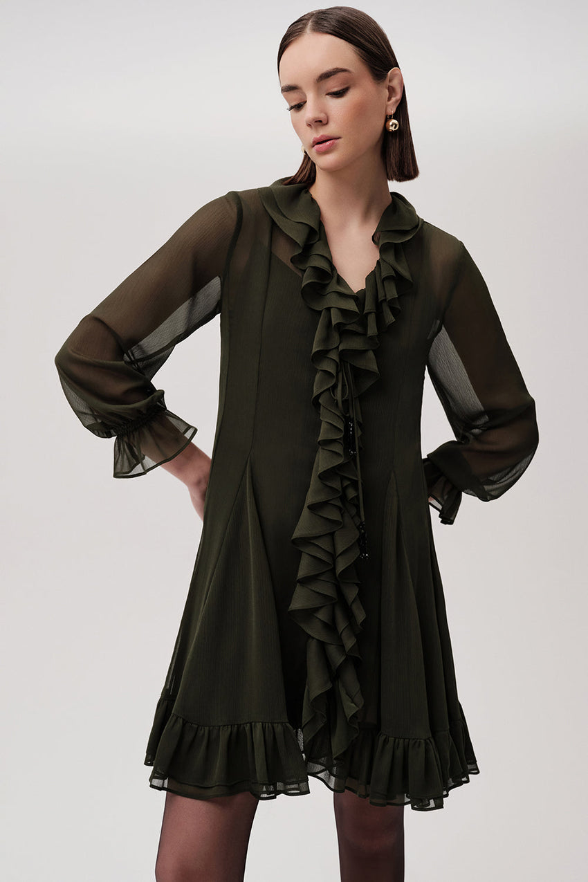 Ruffled V Neck Long Sleeve Regular Lined Mini Chiffon Green Dress Green