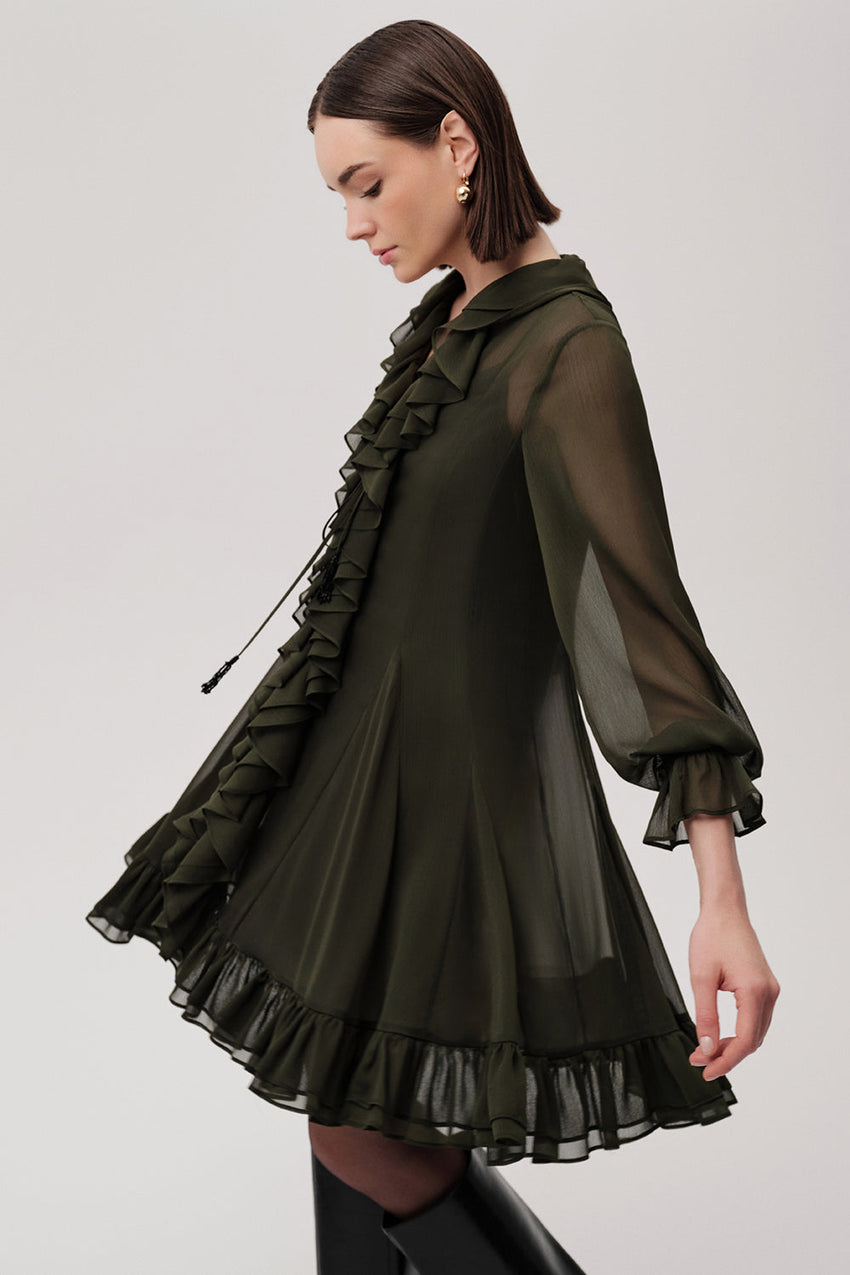 Ruffled V Neck Long Sleeve Regular Lined Mini Chiffon Green Dress Green
