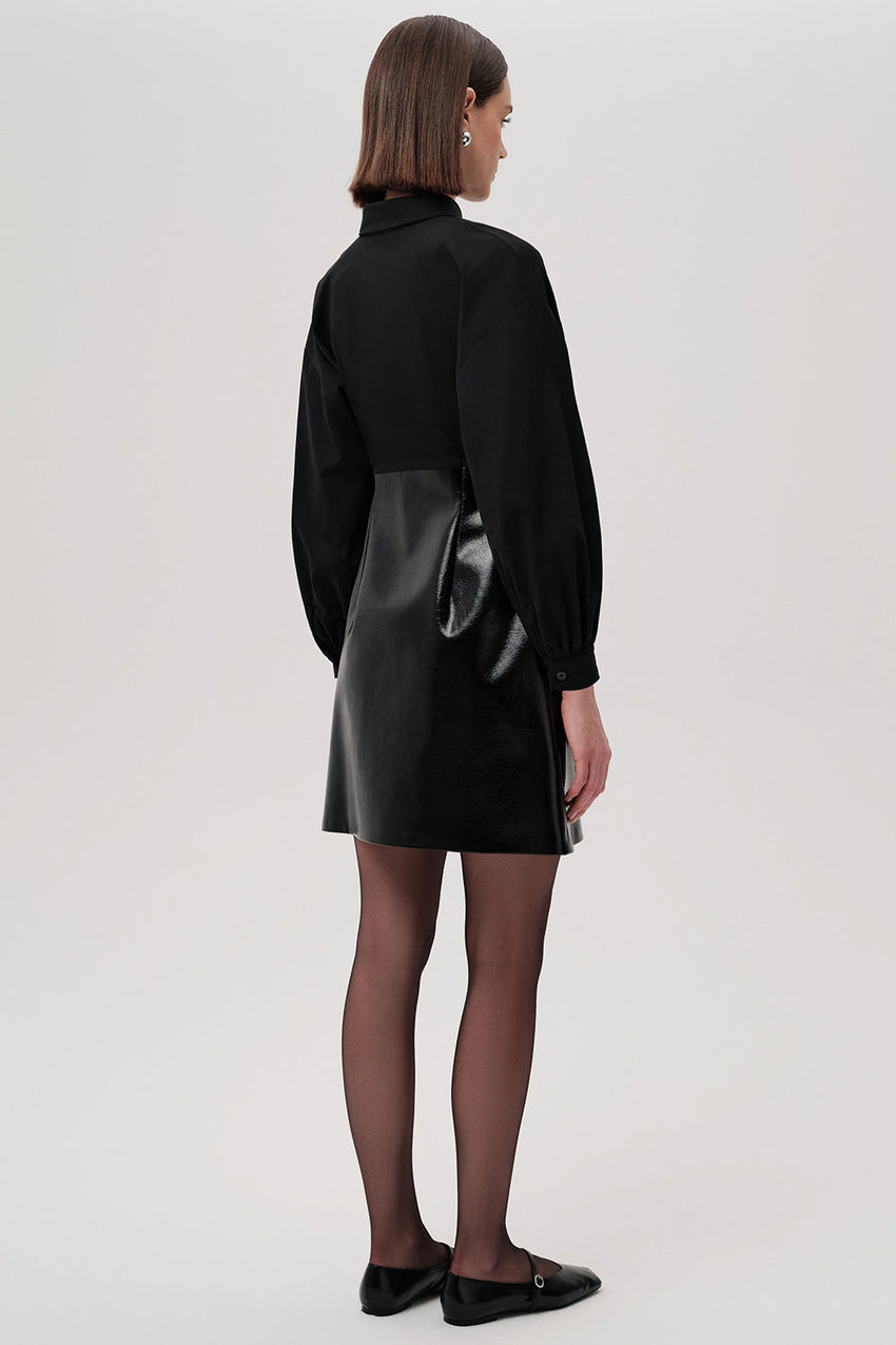 Fiori Black Faux Leather Mini Shirt Dress