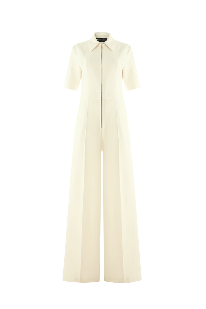 Valery Cream Short Sleeve Shirt Collar Jumpsuit with Pockets