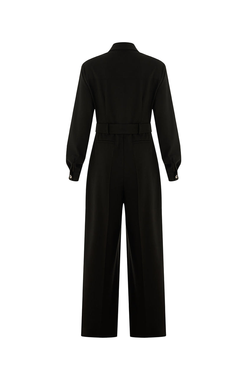Emmalyn Black Long Sleeve Shirt Collar Jumpsuit with Pockets