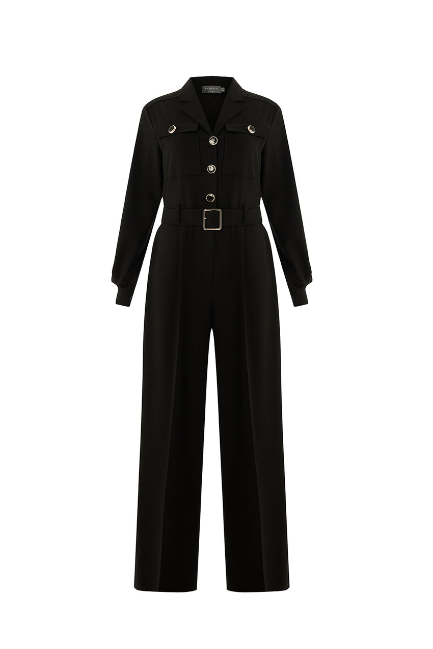 Emmalyn Black Long Sleeve Shirt Collar Jumpsuit with Pockets