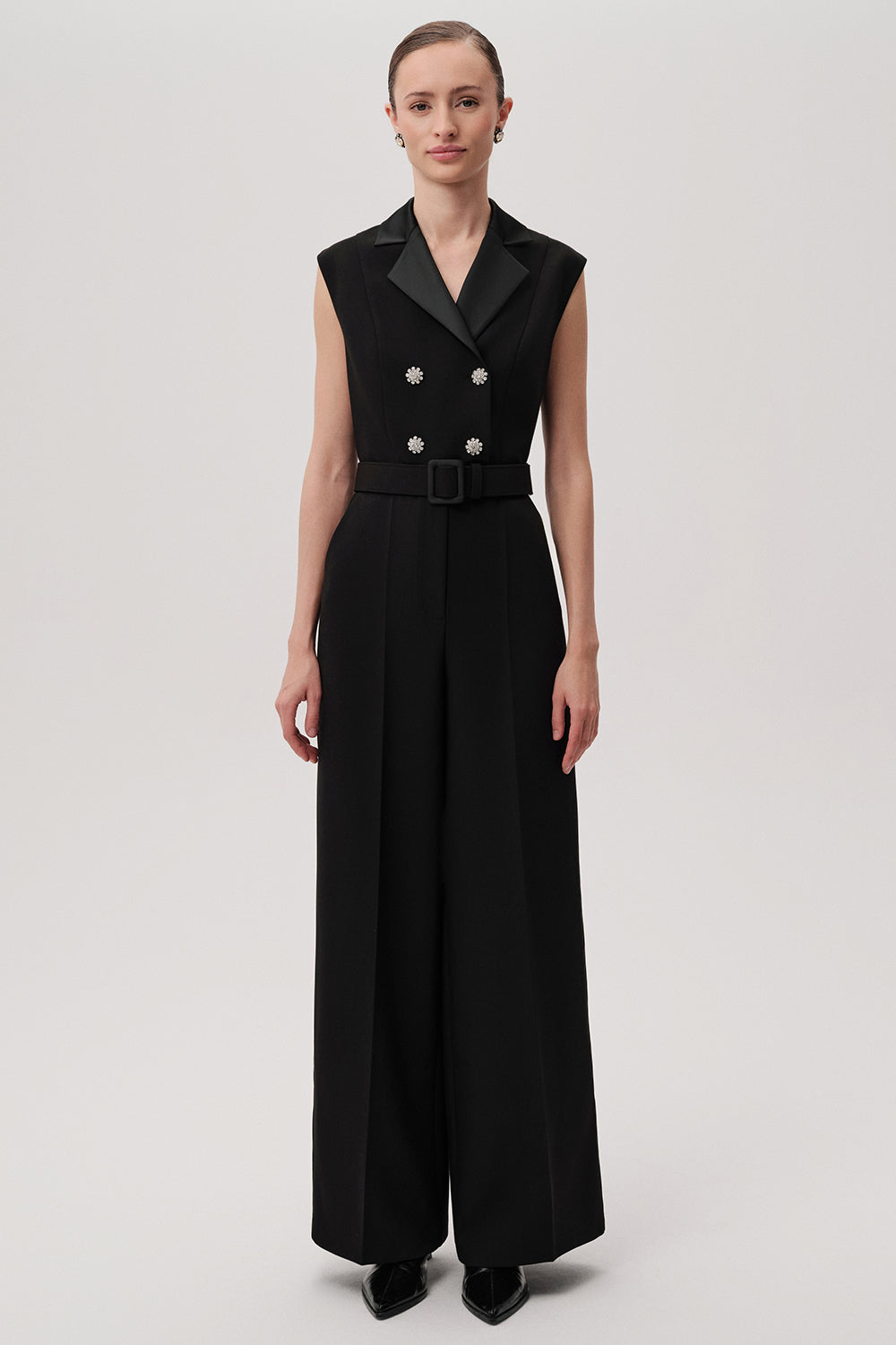 Onyx Black Sleeveless Shirt Collar Jumpsuit with Pockets