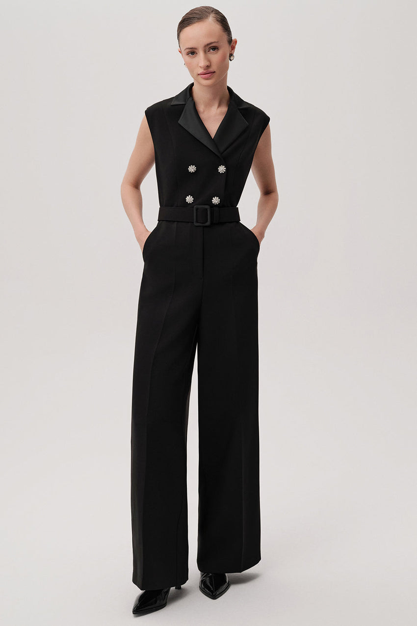 Onyx Black Sleeveless Shirt Collar Jumpsuit with Pockets