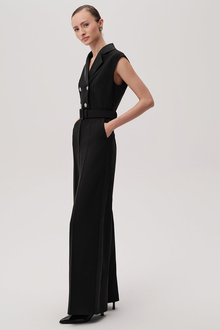 Onyx Black Sleeveless Shirt Collar Jumpsuit with Pockets