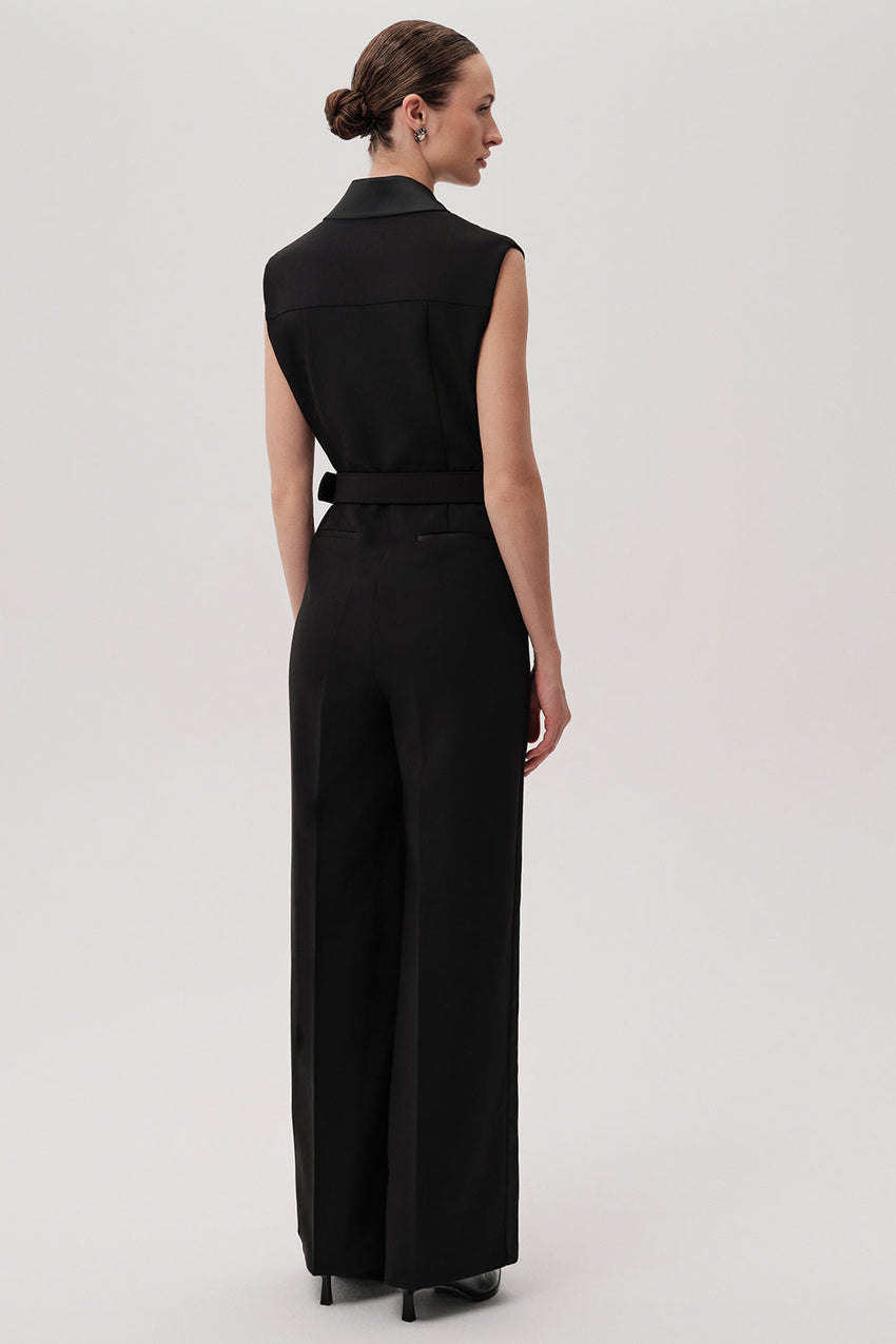 Onyx Black Sleeveless Shirt Collar Jumpsuit with Pockets