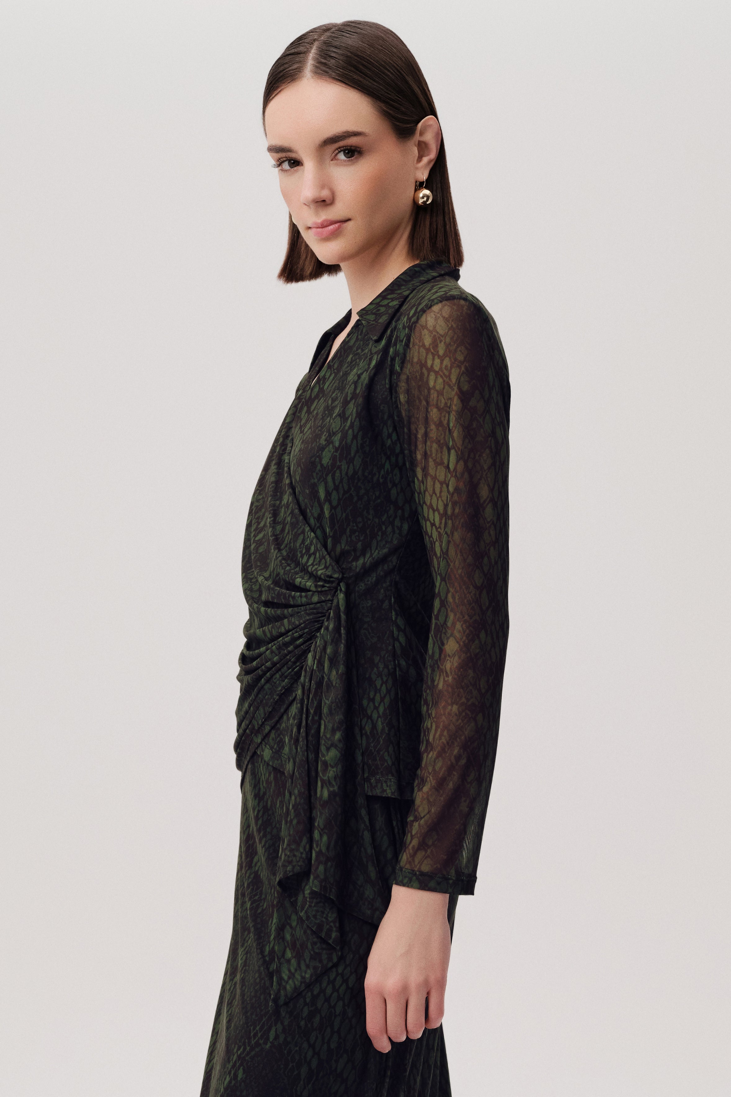 Green Slim Fit Mesh Blouse with Snake Print, Wrap Front, and Long Sleeves
